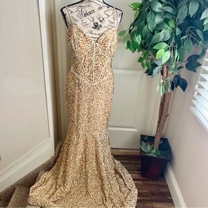 Witness of Love Velvet Sequin Corset Gown Gold Sz 18w